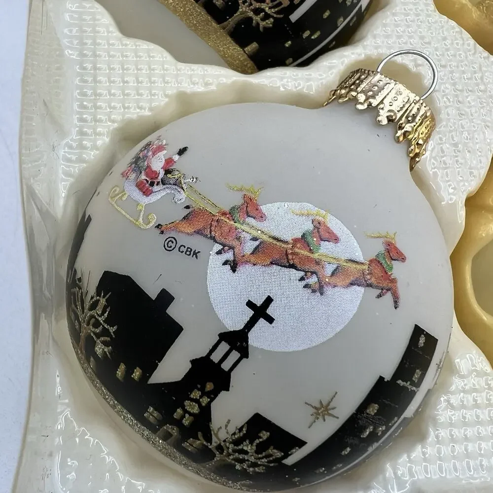 Set 6 CVS Christmas Glass Ball Ornaments Santa Sleigh Reindeer Gold White